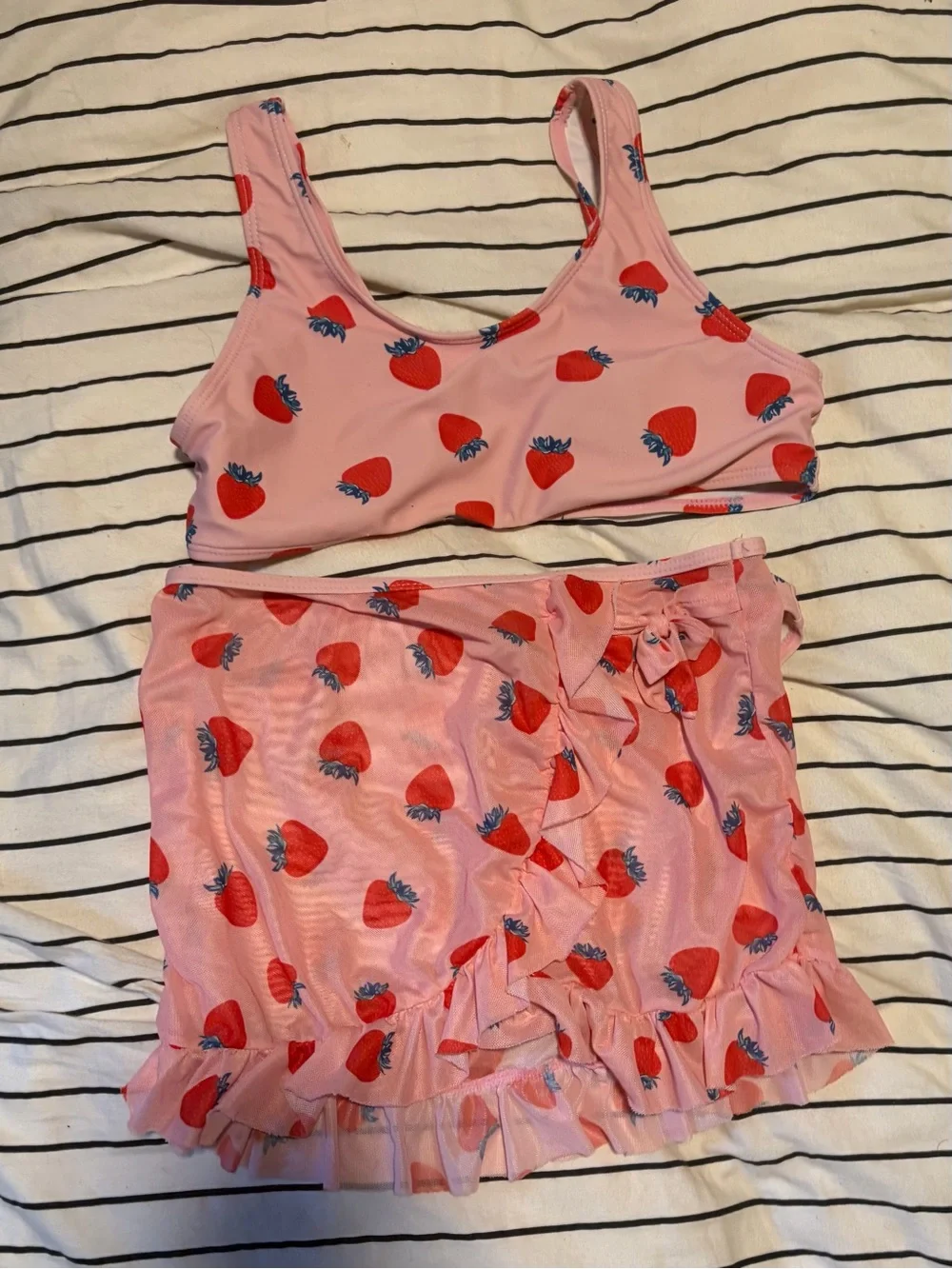Kids Pink Strawberry Print Bikini Set with Ruffle Skirt